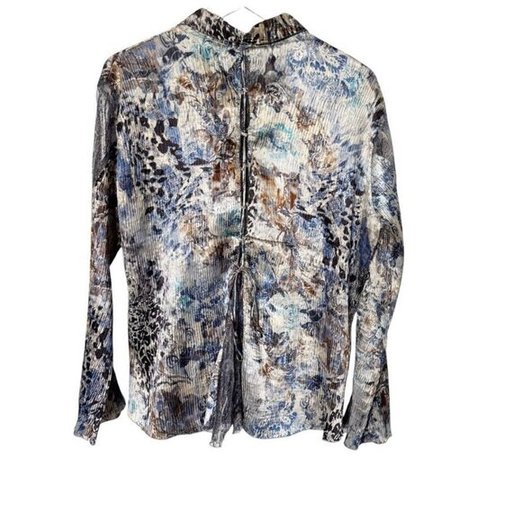 KOMAROV Blue Watercolor Ruffle Bell Sleeve Crinkle Blouse lace size Medium shirt - Picture 3 of 9